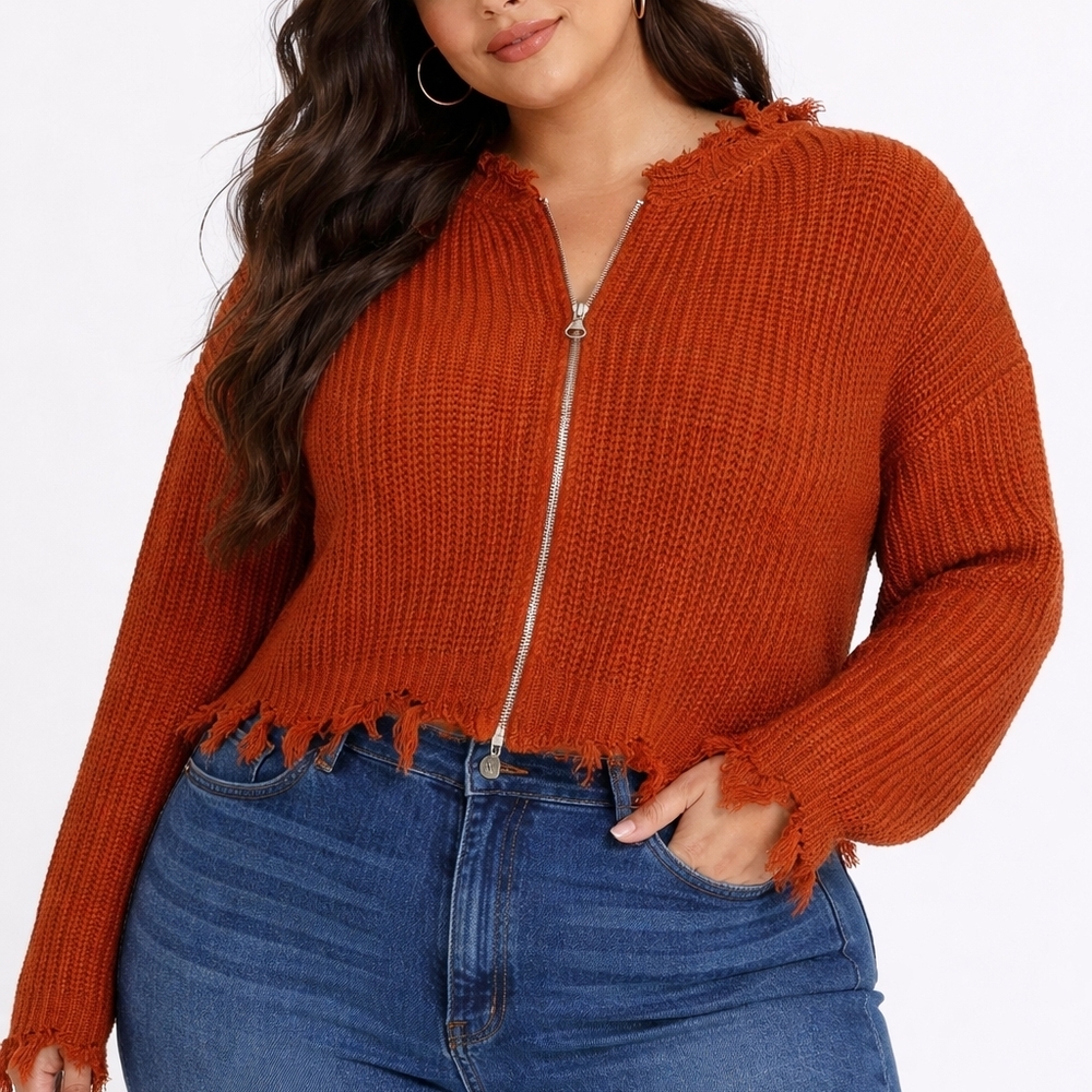 Frayed Hem Orange Sweater